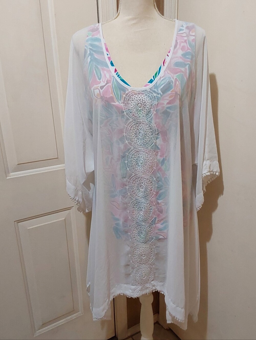 🌺 NEW Lands' End White Crochet-Panel Swim Coverup